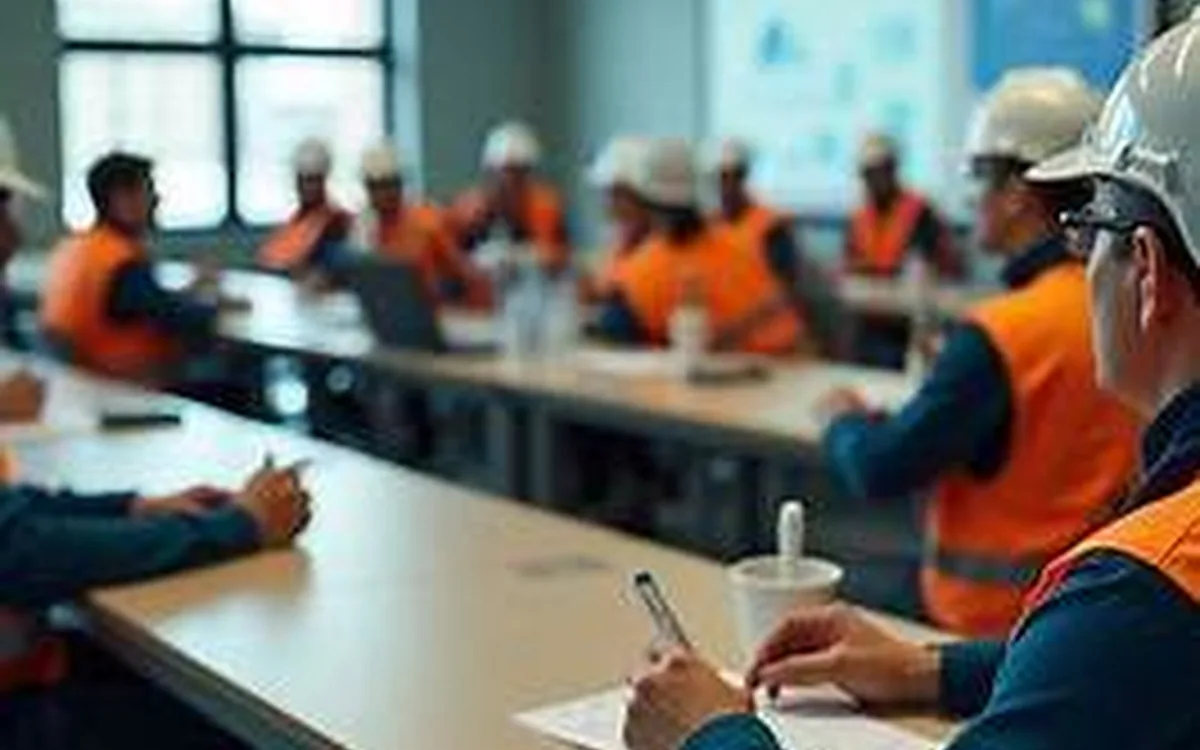 Equipe em treinamento de segurança do trabalho em sala